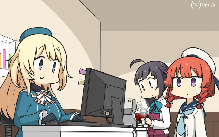 3girls ahoge atago_(kantai_collection) beret black_gloves blonde_hair blue_eyes blue_headwear blue_neckwear blue_ribbon blue_sailor_collar bob_cut braid breasts closed_mouth coffee coffee_maker_(object) commentary_request cup dated desk disposable_cup etorofu_(kantai_collection) from_side furrowed_eyebrows gloves gradient_hair hair_ribbon hamu_koutarou hat hayanami_(kantai_collection) highres holding holding_cup indoors kantai_collection large_breasts long_hair long_sleeves looking_at_another looking_down military military_uniform multicolored_hair multiple_girls ponytail purple_hair redhead ribbon sailor_collar sailor_hat school_uniform short_hair side_braid sidelocks signature steam table thick_eyebrows twin_braids uniform white_headwear white_ribbon yellow_eyes