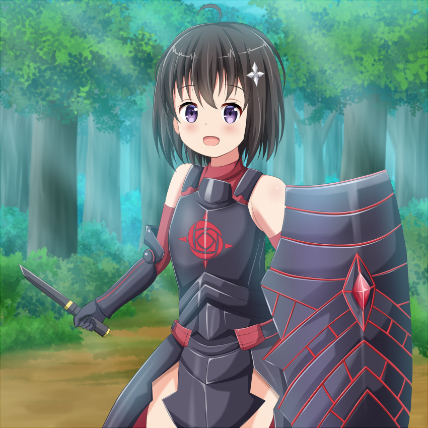 1girl :d ahoge armor armored_dress bangs bare_shoulders black_armor black_gloves black_hair blush commentary_request dagger day detached_sleeves dress eyebrows_visible_through_hair forest gloves hair_between_eyes hair_ornament highres holding holding_dagger holding_weapon itai_no_wa_iya_nano_de_bougyoryoku_ni_kyokufuri_shitai_to_omoimasu koyuki_(azumaya999) long_sleeves looking_at_viewer maple_(bofuri) nature open_mouth outdoors red_dress red_sleeves shield short_hair sleeveless sleeveless_dress smile solo tree vambraces violet_eyes weapon