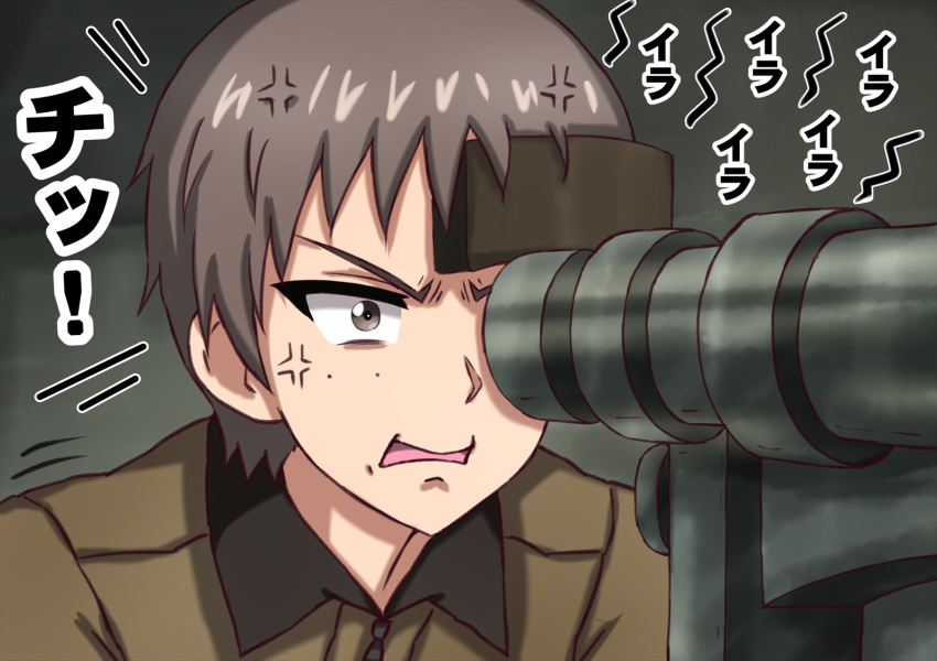 1girl anger_vein angry bangs brown_eyes brown_hair brown_jacket commentary freckles frown fume girls_und_panzer highres jacket motion_lines naomi_(girls_und_panzer) omachi_(slabco) open_mouth saunders_military_uniform scope short_hair solo tank_interior translated v-shaped_eyebrows very_short_hair