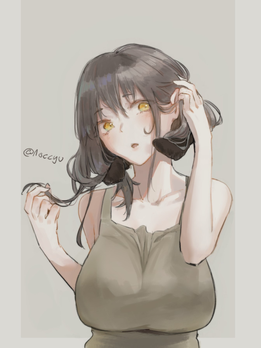1girl bare_arms black_hair breasts collarbone curled_horns dress elf grey_background head_tilt highres horns impossible_clothes impossible_dress large_breasts looking_at_viewer medium_hair myoona_(noccu) noccu original parted_lips pillarboxed pointy_ears simple_background solo tail twitter_username yellow_eyes