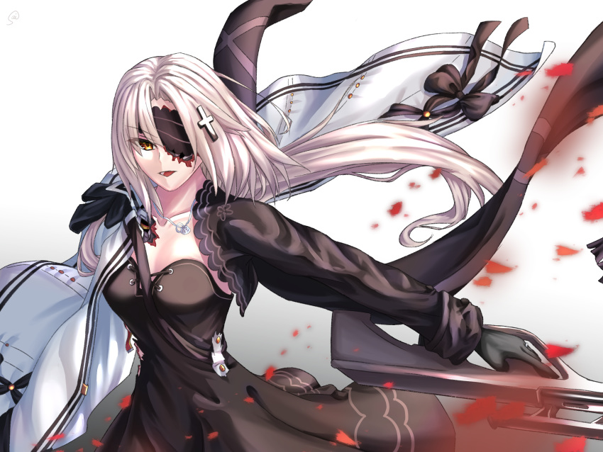 1girl assault_rifle aug_(girls_frontline) black_dress bullpup cross dress eyebrows_visible_through_hair eyepatch girls_frontline gloves gun highres jacket_on_shoulders jewelry long_hair necklace rifle siki10ga solo steyr_aug weapon white_hair yellow_eyes