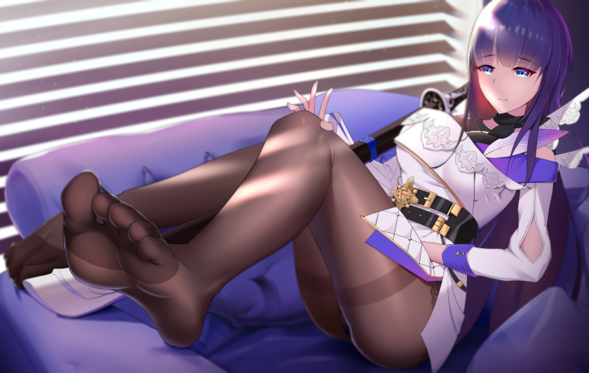 absurdres bangs black_legwear braid breasts drill_hair elbow_gloves feet gloves hair_ornament highres honkai_(series) honkai_impact_3rd large_breasts long_hair ponytail power_suit purple_hair raiden_mei side_braid thigh-highs twin_drills very_long_hair violet_eyes