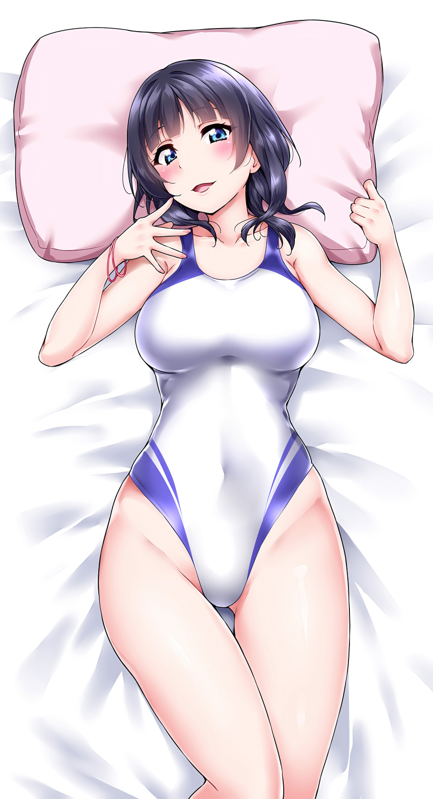 1girl absurdres asaka_karin bangs blue_eyes blue_hair blush breasts highres huge_filesize incredibly_absurdres large_breasts looking_at_viewer love_live! love_live!_school_idol_festival love_live!_school_idol_festival_all_stars perfect_dream_project short_hair smile solo swimsuit thighs yopparai_oni