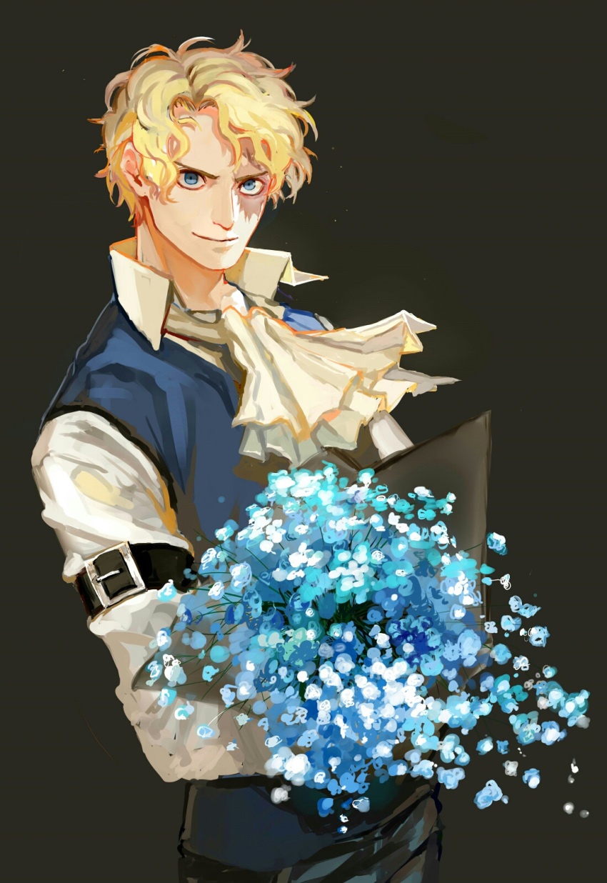 1boy ascot bangs belt belt_buckle black_background blonde_hair blue_eyes blue_flower blue_vest bouquet brown_belt buckle closed_mouth collar collared_shirt flower high_collar highres holding holding_bouquet linrereren long_sleeves looking_at_viewer male_focus one_piece sabo_(one_piece) scar shirt short_hair simple_background smile solo standing vest wavy_hair white_neckwear white_shirt