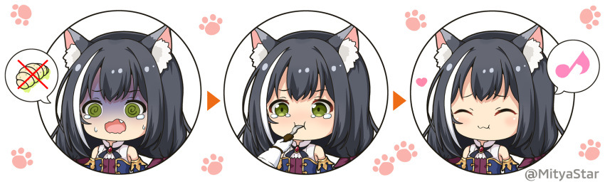 2girls :i :t @_@ ^_^ animal_ear_fluff animal_ears bangs bare_shoulders black_hair blue_sleeves blush cat_ears chibi closed_eyes closed_mouth commentary_request detached_sleeves directional_arrow eating eighth_note eyebrows_visible_through_hair fang feeding fork gloves green_eyes highres holding holding_fork kyaru_(princess_connect) larva long_hair miicha multicolored_hair multiple_girls multiple_views musical_note nose_blush open_mouth pecorine princess_connect! princess_connect!_re:dive shirt simple_background sleeveless sleeveless_shirt spoken_musical_note streaked_hair sweat tears turn_pale twitter_username wavy_mouth white_background white_gloves white_hair white_shirt