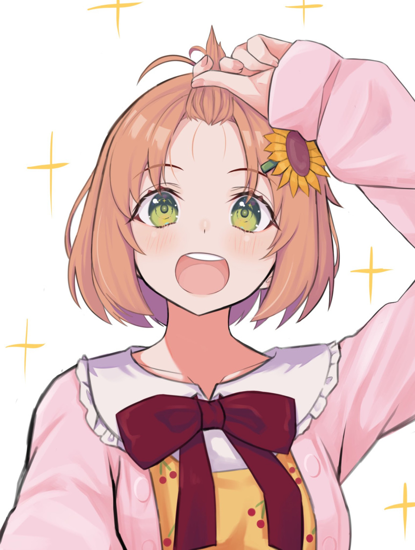 1girl adjusting_hair ahoge arm_up blush brown_hair collarbone eyebrows_visible_through_hair flower green_eyes hair_flower hair_ornament highres honma_himawari long_sleeves looking_at_viewer natsunoiroha nijisanji open_mouth short_hair smile solo sunflower_hair_ornament upper_body upper_teeth virtual_youtuber