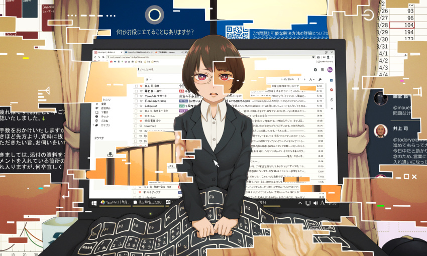 1girl bed_sheet blue_screen_of_death brown_hair commentary computer formal glasses indoors laptop mouse_(computer) office_lady original pajamas red_eyes short_hair solo suit windows_10 yajirushi_(chanoma)