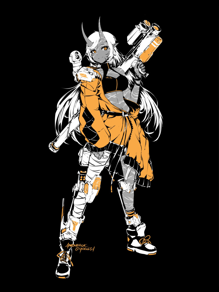 1girl absurdres akumi_(yoclesh) andyface artist_name bandaged_leg bandages bangle bangs black_background borrowed_character bracelet breasts commentary demon_girl english_commentary exoskeleton eyelashes full_body high_contrast highres holding holding_weapon jacket jewelry light_smile long_hair medium_breasts navel off_shoulder oni_horns open_clothes open_jacket orange_hair original pointy_ears rocket_launcher scar shoes sneakers solo sports_bra spot_color stomach swept_bangs weapon