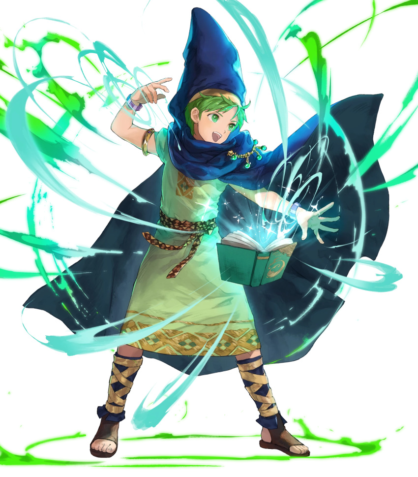 1boy belt book bracelet cape fire_emblem fire_emblem:_mystery_of_the_emblem fire_emblem_heroes full_body green_eyes green_hair highres hood jewelry leaf magic mayo_(becky2006) merric_(fire_emblem) official_art open_mouth sandals solo teeth transparent_background