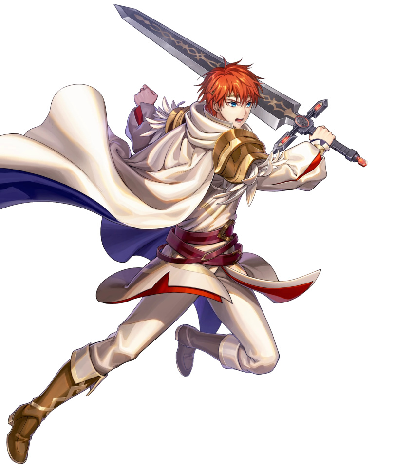 1boy alternate_costume belt blue_eyes boots cape circlet eliwood_(fire_emblem) feathers fire_emblem fire_emblem:_the_blazing_blade fire_emblem_heroes full_body highres official_art open_mouth redhead solo sword teeth transparent_background weapon