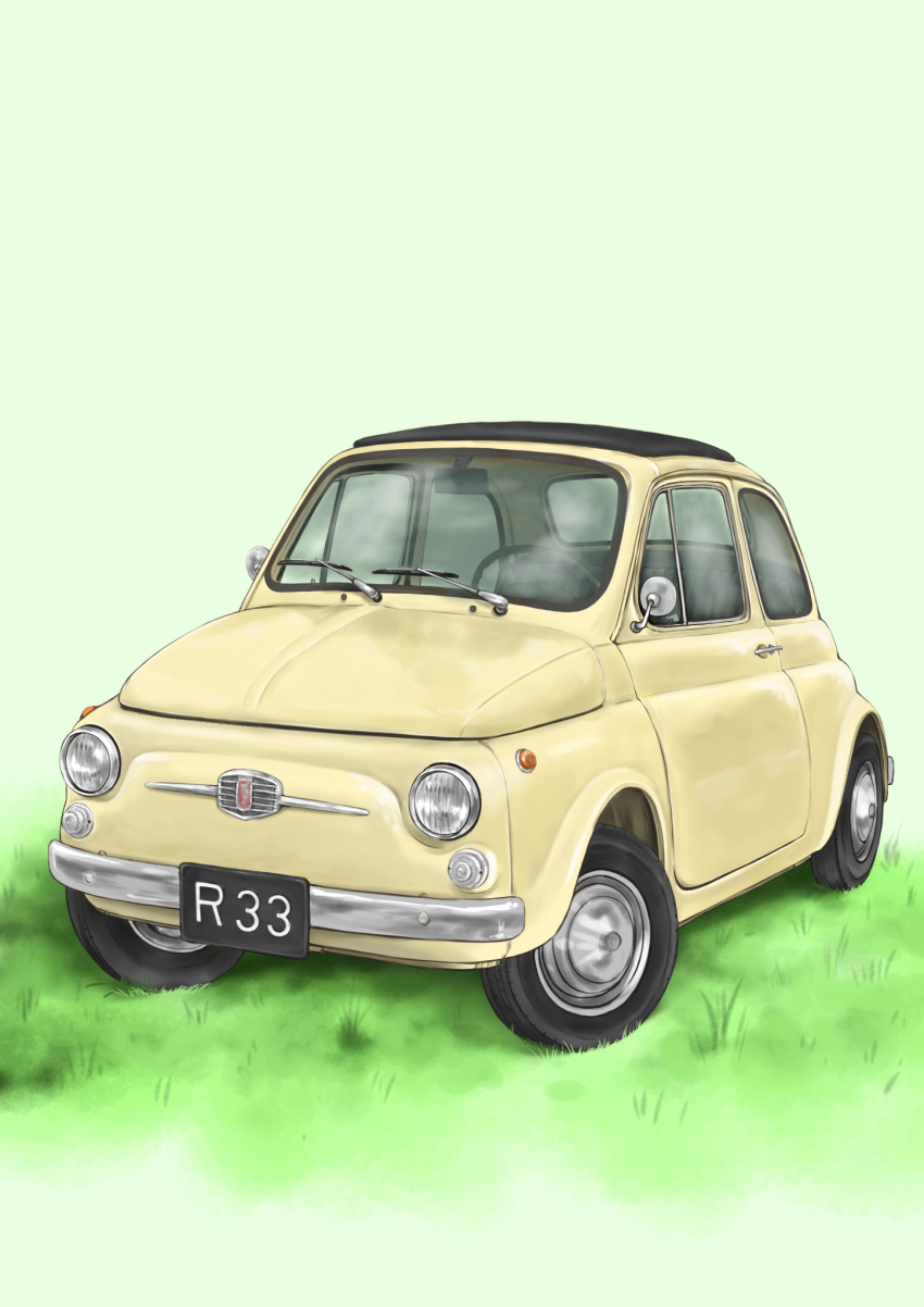 bosutonii car commentary_request fiat fiat_500 grass green_background ground_vehicle highres left-hand_drive license_plate lupin_iii motor_vehicle no_humans partial_commentary simple_background