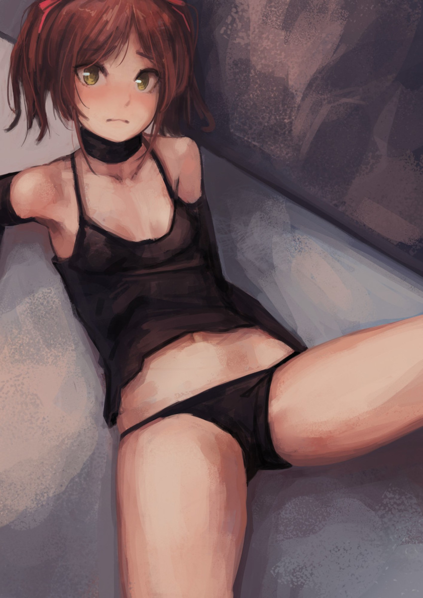 1girl black_choker black_gloves black_panties blush brown_hair camisole choker closed_mouth copyright_request elbow_gloves gloves green_eyes hair_ribbon highres looking_at_viewer midriff navel noccu panties red_ribbon ribbon solo twintails underwear