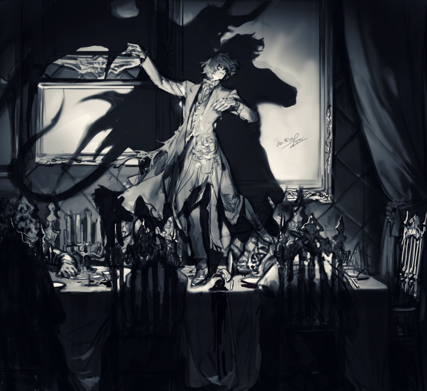 6+boys alcohol blood candelabra candle chair closed_eyes closed_mouth cup curtains dancing death demon_tail demon_wings different_shadow drinking_glass greyscale highres indoors male_focus monochrome multiple_boys original pigeon666 portrait shadow signature sitting spill standing table tail wine wine_glass wings