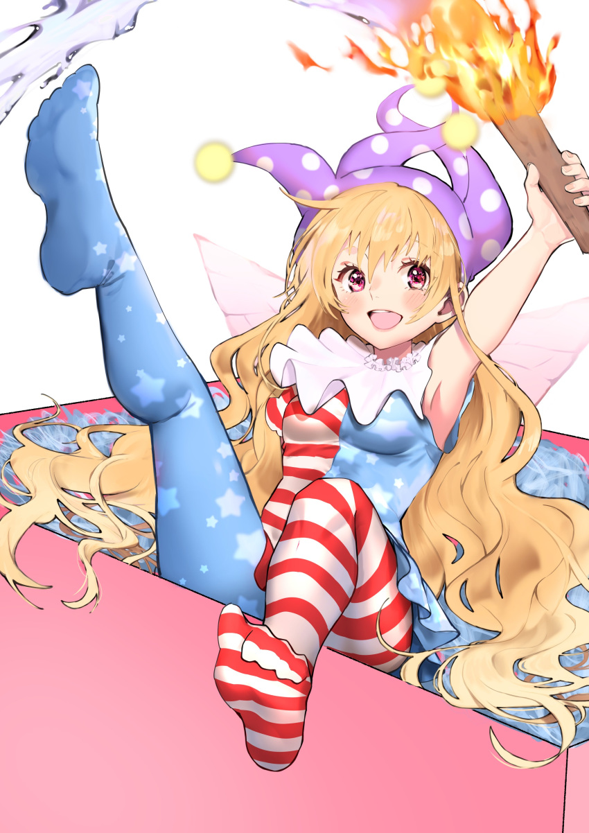 1girl absurdres american_flag_dress american_flag_legwear arm_up blonde_hair breasts clownpiece commentary_request dress eringi_(hikaru1226) fairy_wings fire full_body hat highres holding in_container jester_cap leg_up long_hair looking_at_viewer neck_ruff open_mouth pantyhose polka_dot red_eyes short_dress simple_background sitting sleeveless sleeveless_dress small_breasts smile solo star star_print striped torch touhou very_long_hair wavy_hair white_background wings