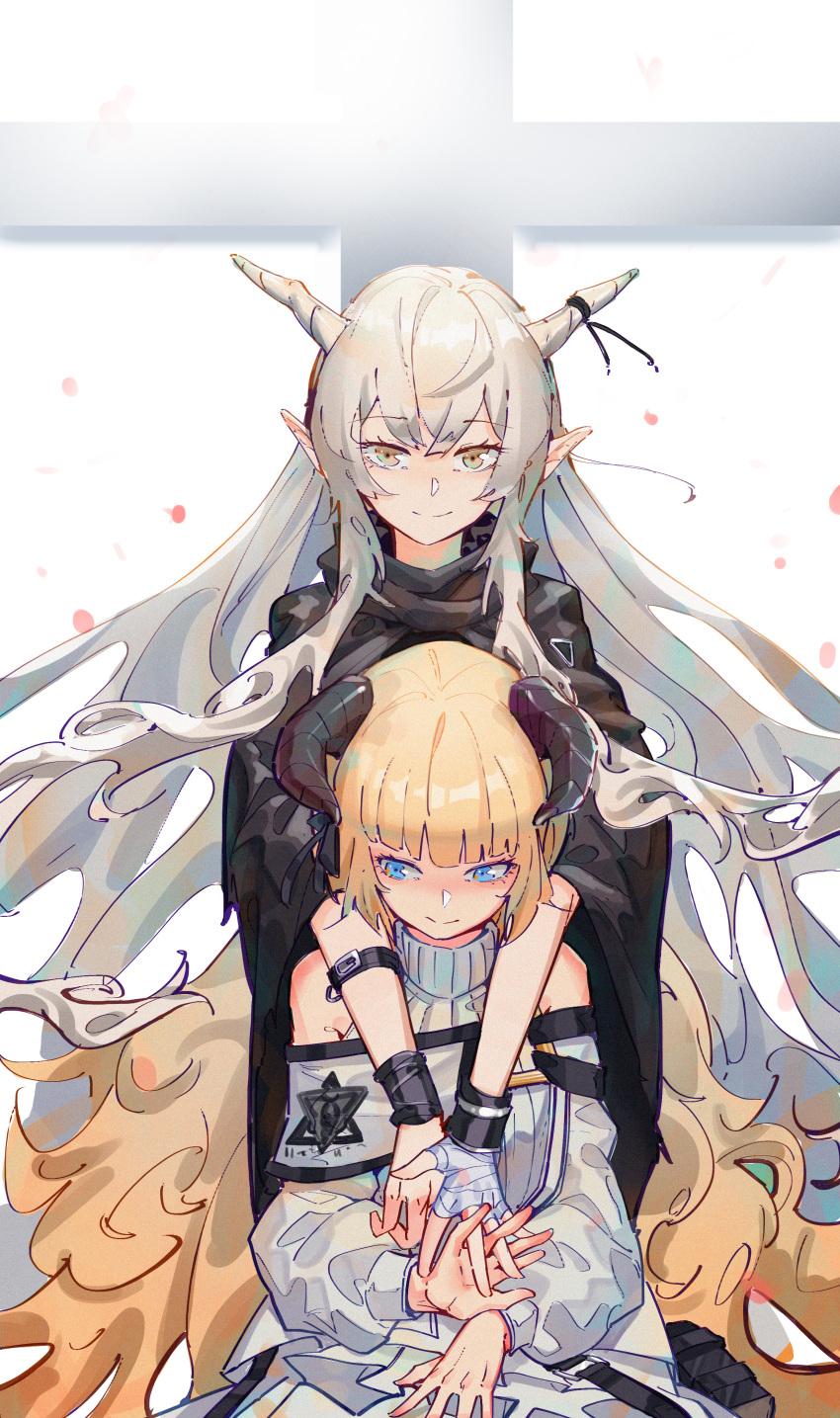 2girls absurdres arknights bangs bare_shoulders black_cloak blonde_hair blue_eyes chinese_commentary cloak commentary_request dress eyebrows_visible_through_hair grey_eyes hair_between_eyes highres horns huge_filesize long_hair long_sleeves looking_at_viewer multiple_girls nightingale_(arknights) piao_miao pointy_ears puffy_sleeves shining_(arknights) sidelocks silver_hair smile upper_body very_long_hair white_background white_dress wide_sleeves