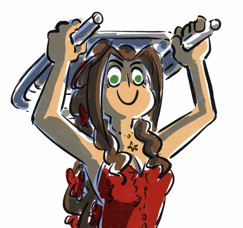 1girl aerith_gainsborough breasts brobexx brown_hair chair dress eyelashes final_fantasy final_fantasy_vii final_fantasy_vii_remake flower folding_chair green_eyes hair_flower hair_ornament highres jewelry necklace red_dress shaded_face simple_background smile solo upper_body white_background