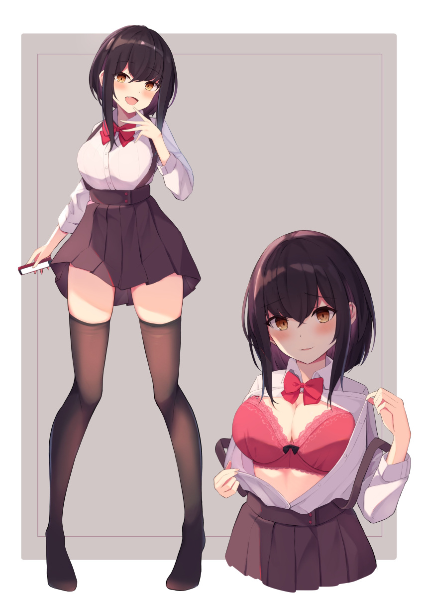 1girl :d absurdres black_hair black_legwear black_skirt bow bow_bra bra breasts brown_eyes cellphone collared_shirt commentary_request dress_shirt fang hand_up highres holding holding_phone lace lace-trimmed_bra long_hair long_sleeves looking_at_viewer medium_breasts mizu_(lzzrwi603) multiple_views no_shoes open_mouth original phone pleated_skirt red_bow red_bra shirt sidelocks skirt smile standing suspender_skirt suspenders thigh-highs underwear white_shirt
