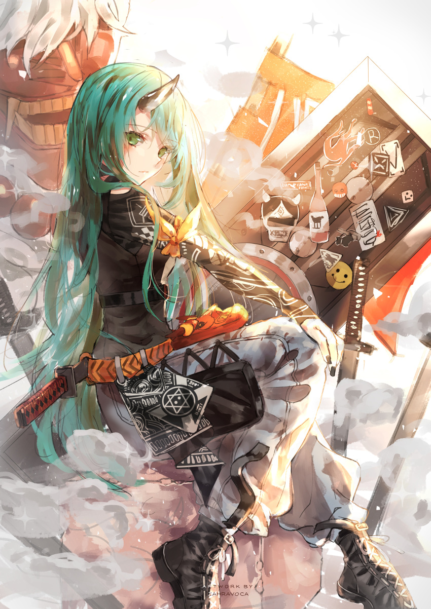 1girl absurdres arknights armband beads belt black_footwear black_nails black_shirt boots breasts closed_mouth commentary eyebrows_visible_through_hair from_side full_body green_eyes green_hair hand_on_own_knee hannya highres hoshiguma_(arknights) katana light_smile long_hair looking_at_viewer medium_breasts nail_polish oni oni_horn oni_mask pants prayer_beads shield shirt sitting smoke solo sparkle sticker sword thigh_pouch turtleneck weapon white_pants zahravoca_(annpratamav)