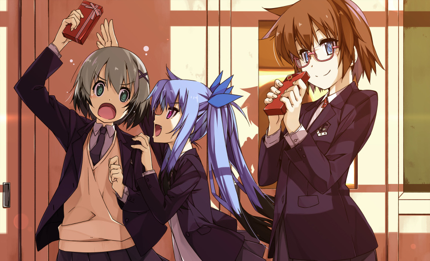 3girls arms_up bangs black_jacket black_neckwear blazer blue_eyes blue_hair blue_ribbon brown_hair closed_mouth dearche_kings_claudia dress_shirt emblem eyebrows_visible_through_hair fang frown gift glasses green_eyes grey_hair grey_shirt hair_ornament hair_ribbon highres holding holding_gift indoors jacket levi_russel long_hair long_sleeves lyrical_nanoha mahou_shoujo_lyrical_nanoha_innocent multiple_girls neck_ribbon necktie open_clothes open_jacket open_mouth private_ten'ou_middle_school_uniform reaching red-framed_eyewear red_ribbon ribbon school_uniform semi-rimless_eyewear shikei shirt short_hair smile stern_starks sweater twintails under-rim_eyewear v-neck violet_eyes white_sweater wing_collar x_hair_ornament