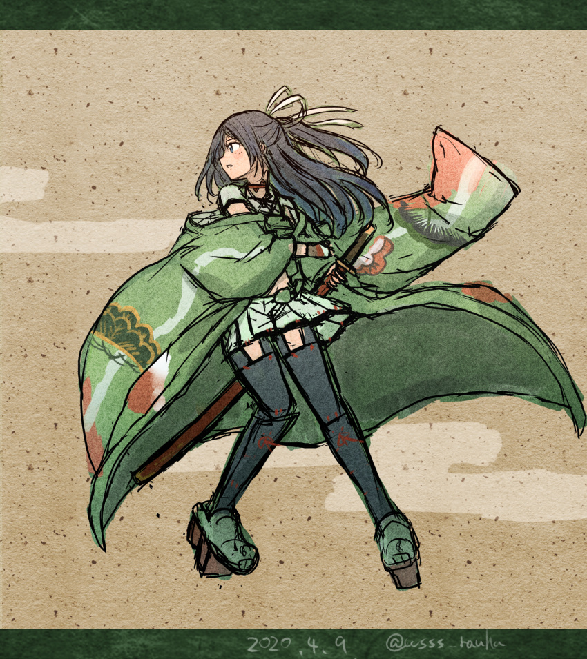 1girl bangs black_hair blush boots border dated full_body green_skirt hair_ribbon highres holding holding_sword holding_weapon japanese_clothes kantai_collection katsuragi_(kantai_collection) long_hair long_sleeves pleated_skirt ponytail profile ribbon rudder_footwear sheath sheathed simple_background skirt solo sword thigh-highs thigh_boots twitter_username weapon wide_sleeves wss_(nicoseiga19993411)