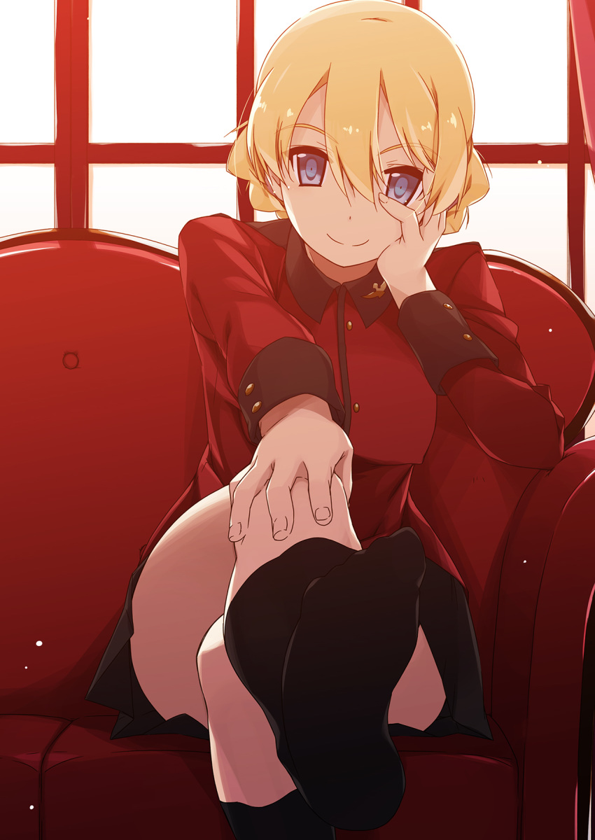 1girl backlighting bangs black_legwear black_skirt blonde_hair blue_eyes braid closed_mouth commentary_request couch crossed_legs darjeeling_(girls_und_panzer) epaulettes eyebrows_visible_through_hair girls_und_panzer hand_on_own_face hand_on_own_knee highres indoors insignia jacket light_particles long_sleeves looking_at_viewer military military_uniform miniskirt on_couch pleated_skirt red_jacket shikei short_hair sitting skirt smile socks solo st._gloriana's_military_uniform tied_hair twin_braids uniform window