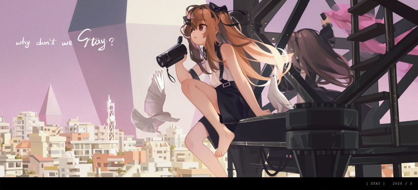 2girls alternate_costume barefoot bird brown_hair camcorder cityscape english_text girls_frontline highres ladder multiple_girls red_eyes scenery suspenders tianliang_duohe_fangdongye tower ump45_(girls_frontline) ump9_(girls_frontline) younger