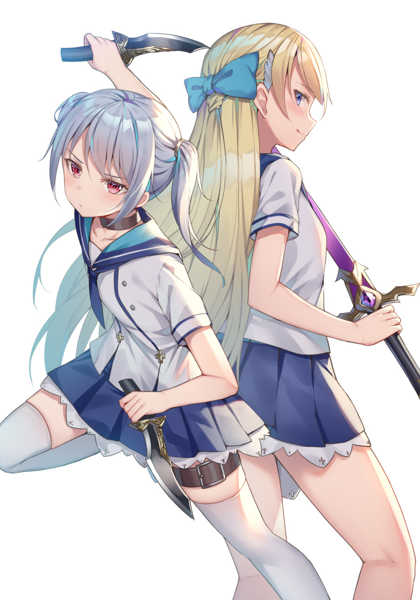 2girls alexmaster arm_up bangs belt belt_buckle black_choker blonde_hair blue_bow blue_eyes blue_sailor_collar blue_skirt blush bow breasts brown_belt buckle choker commentary_request cover cover_page dagger dual_wielding hair_bow highres holding holding_dagger holding_sword holding_weapon leg_belt multicolored_hair multiple_girls novel_cover official_art original pleated_skirt profile red_eyes sailor_collar school_uniform serafuku shirt silver_hair simple_background skirt small_breasts standing standing_on_one_leg streaked_hair sword thigh-highs twintails weapon white_background white_legwear white_shirt