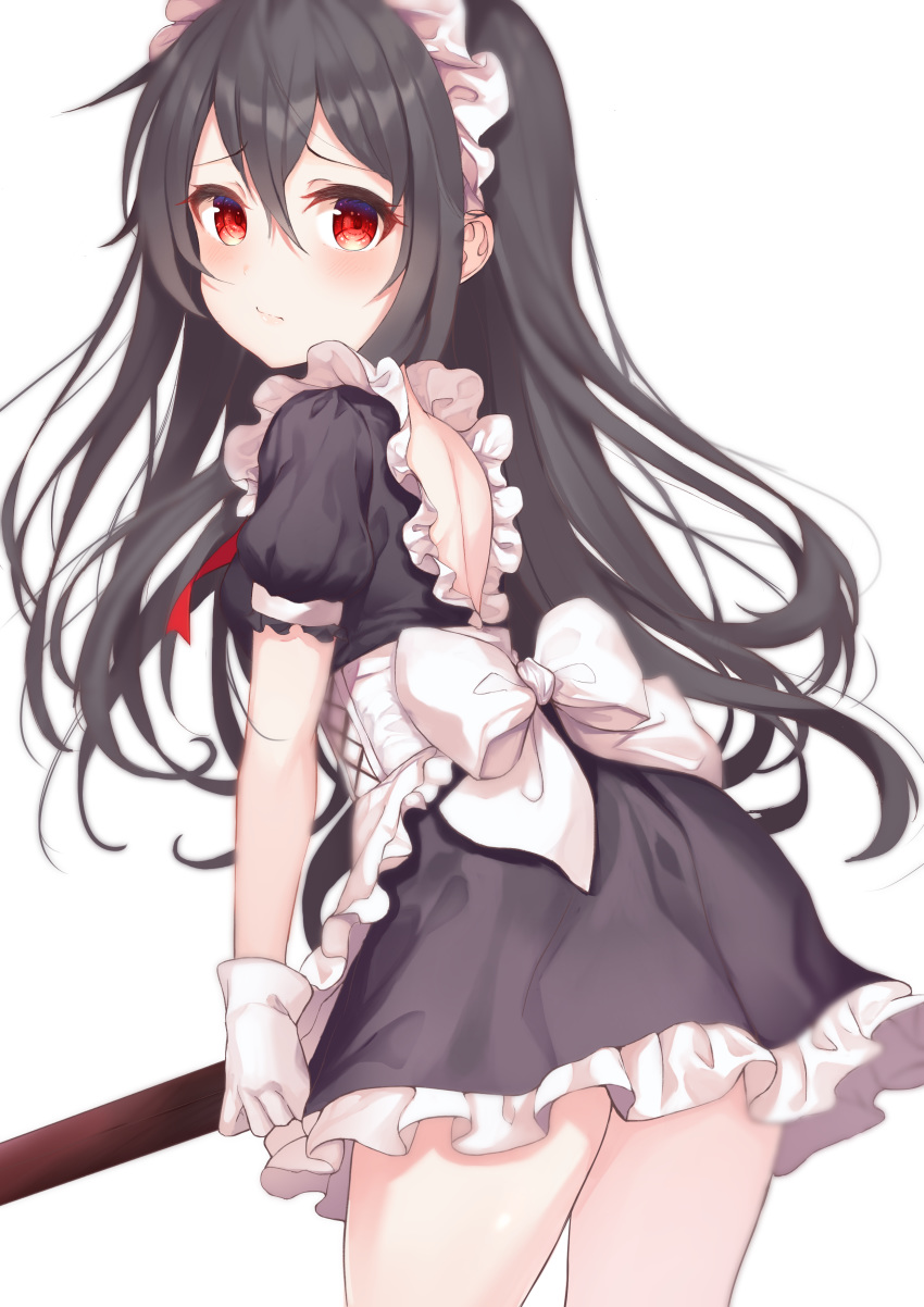 1girl absurdres apron bangs black_dress black_hair blush commentary dress eyebrows_visible_through_hair frills from_behind frown gloves hair_between_eyes highres holding long_hair looking_at_viewer maid maid_apron maid_dress maid_headdress nao_(okt8538) original red_eyes short_sleeves white_apron white_gloves