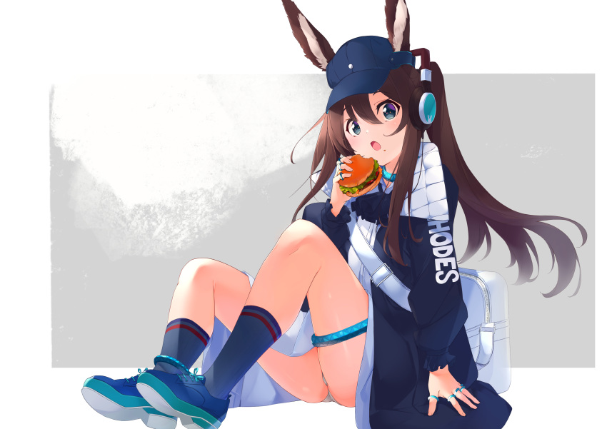 1girl :o absurdres amiya_(arknights) animal_ear_fluff animal_ears arknights ascot bag baseball_cap black_coat black_hair black_neckwear blue_choker blue_eyes blue_footwear blue_headwear brown_hair bunny_girl choker clothes_writing coat commentary_request ears_through_headwear food food_on_face full_body grey_background hair_between_eyes hamburger hat headphones highres holding holding_food jewelry kneehighs knees_up long_sleeves looking_at_viewer open_clothes open_coat open_mouth panties pantyshot ponytail rabbit_ears ring shirt shoes shoulder_bag sidelocks sitting solo thighlet thighs u-st_(uweiter) underwear white_shirt