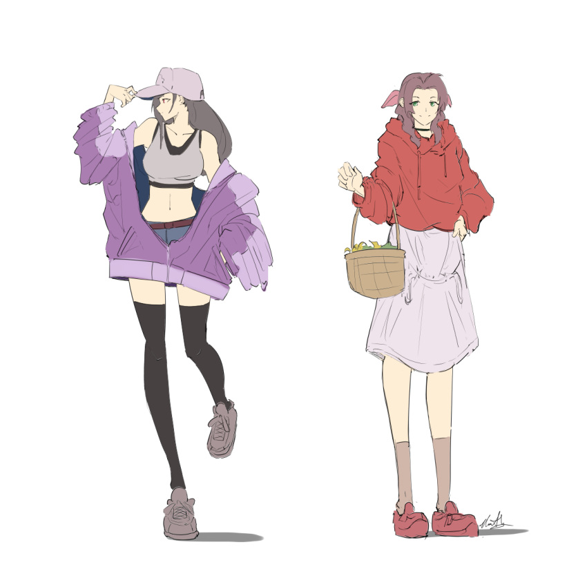 2girls aerith_gainsborough automatic_giraffe black_hair brown_hair casual crop_top final_fantasy final_fantasy_vii final_fantasy_vii_remake hat jacket looking_at_viewer multiple_girls purple_jacket red_jacket shoes short_shorts shorts smile sneakers standing thigh-highs tifa_lockhart