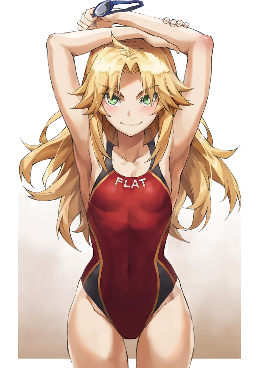 1girl armpits arms_behind_head arms_up bangs bare_shoulders blonde_hair blush border breasts brown_background closed_mouth clothes_writing collarbone competition_swimsuit covered_navel cowboy_shot fang fang_out fate/apocrypha fate_(series) goggles gradient gradient_background green_eyes highres long_hair looking_at_viewer mordred_(fate) mordred_(fate)_(all) one-piece_swimsuit red_swimsuit sidelocks small_breasts smile solo swimsuit thighs tonee v-shaped_eyebrows white_border