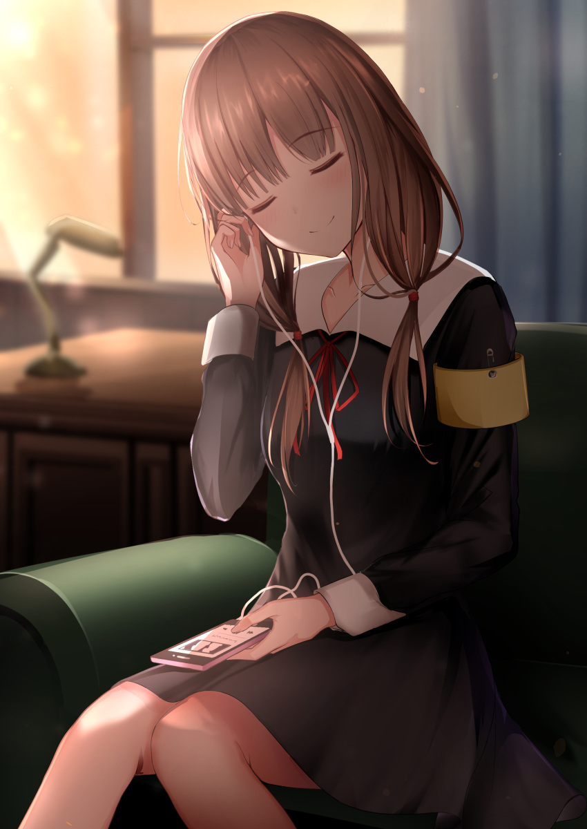 1girl absurdres armband bangs black_dress blurry blurry_background blush brown_hair cellphone closed_eyes closed_mouth collarbone collared_dress commentary_request couch curtains depth_of_field desk desk_lamp dress earphones earphones eyebrows_visible_through_hair facing_viewer highres holding holding_phone iino_miko indoors kaguya-sama_wa_kokurasetai_~tensai-tachi_no_renai_zunousen~ karu_(qqqtyann) lamp long_hair long_sleeves low_twintails neck_ribbon on_couch phone red_ribbon ribbon safety_pin school_uniform sitting smile solo twintails window