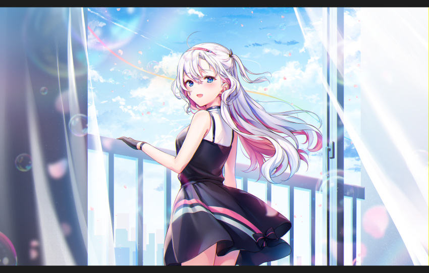 1girl ahoge avatar_2.0_project bare_arms bare_shoulders black_dress black_gloves blue_eyes blue_sky blue_theme breasts bubble clouds cloudy_sky condensation_trail cowboy_shot curtains dress gloves hairband highres komeshiro_kasu lens_flare long_hair looking_at_viewer multicolored_hair musubime_yui one_side_up open_mouth pink_hair railing sky sleeveless sleeveless_dress small_breasts smile solo standing two-tone_hair virtual_youtuber white_hair wristband