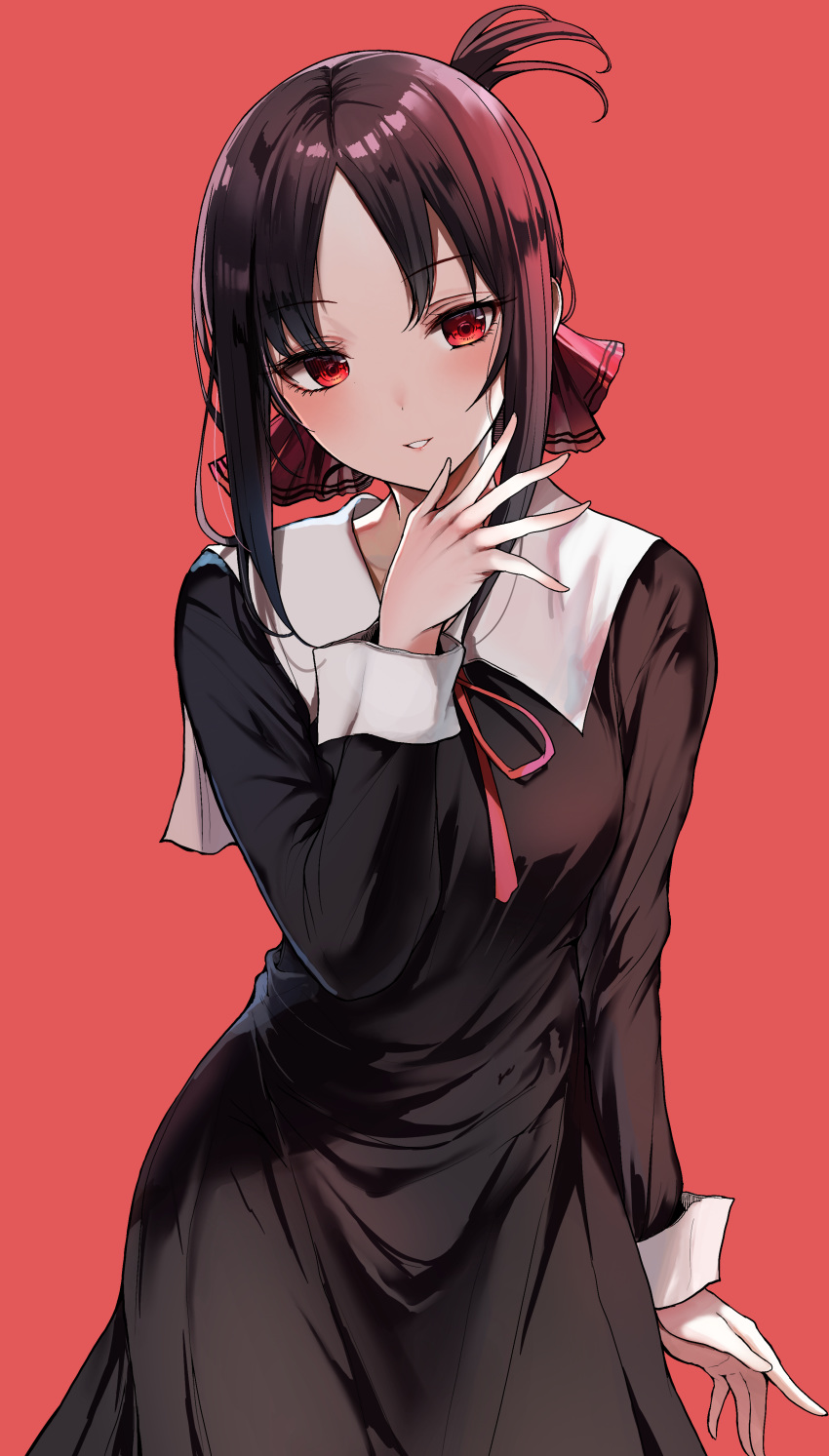 1girl absurdres bangs black_dress black_hair blush breasts collared_dress dress folded_ponytail hair_ribbon highres kaguya-sama_wa_kokurasetai_~tensai-tachi_no_renai_zunousen~ long_hair long_sleeves looking_at_viewer neck_ribbon parted_bangs parted_lips red_background red_eyes red_ribbon ribbon sak_(lemondisk) shinomiya_kaguya sidelocks simple_background small_breasts smile solo