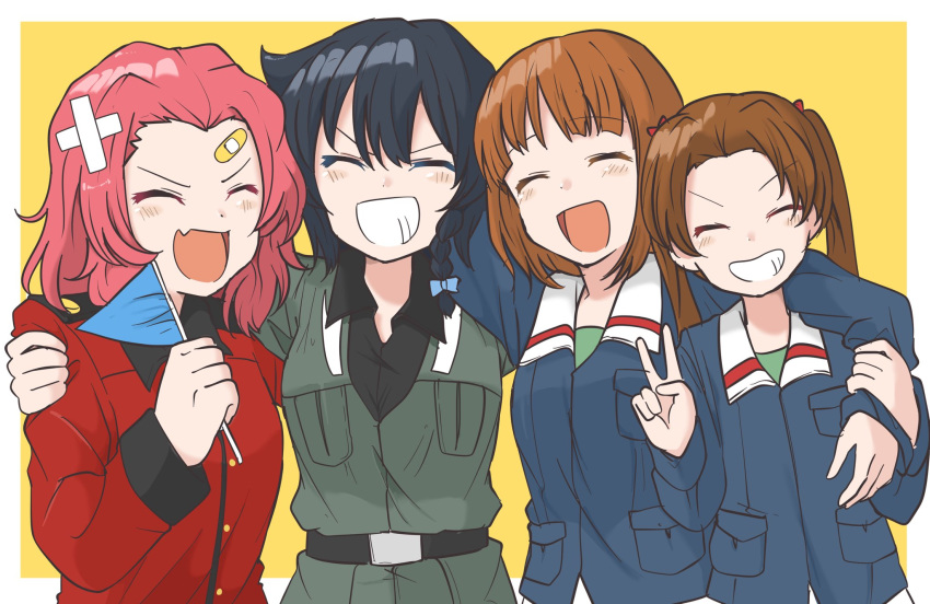 4girls :d anzio_military_uniform arm_around_shoulder bandaid_on_forehead bandaid_on_head bangs belt black_belt black_hair black_shirt blue_jacket blue_ribbon braid brown_hair closed_eyes commentary_request dress_shirt epaulettes facing_viewer fang flag girls_und_panzer green_shirt grey_jacket grin group_hug hair_ribbon highres holding holding_flag hug jacket kadotani_anzu long_hair long_sleeves medium_hair military military_uniform multiple_girls nishizumi_miho ooarai_military_uniform open_mouth outside_border parted_bangs pepperoni_(girls_und_panzer) red_jacket redhead ribbon rosehip_(girls_und_panzer) shirt short_hair side_braid skin_fang smile st._gloriana's_military_uniform twintails uniform v wing_collar yellow_background zono_(inokura_syuzo029)