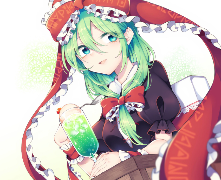 1girl aqua_eyes black_shirt bow cherry commentary_request cup drinking_glass food front_ponytail fruit green_hair hair_between_eyes hair_bow hair_ribbon highres kagiyama_hina long_hair looking_at_viewer parted_lips puffy_short_sleeves puffy_sleeves red_bow red_ribbon ribbon shirt short_sleeves smile solo tama_(soon32281) touhou upper_body white_background wrist_cuffs