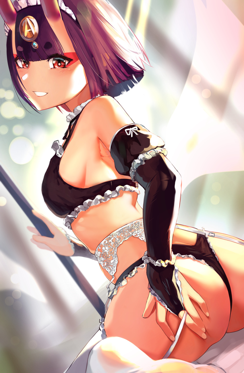 1girl absurdres ass bangs bare_shoulders bob_cut breasts collarbone eyeliner fate/grand_order fate_(series) highres horns looking_at_viewer maid makeup okoru_ringo oni oni_horns panties purple_hair short_hair shuten_douji_(fate/grand_order) skin-covered_horns small_breasts solo underwear violet_eyes