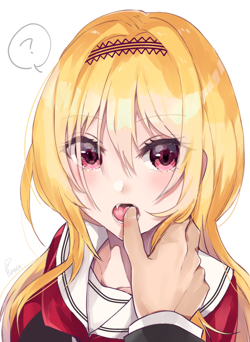1girl ? blonde_hair commentary_request fangs finger_in_mouth hair_between_eyes hairband highres idolmaster idolmaster_cinderella_girls idolmaster_cinderella_girls_starlight_stage kurosaki_chitose long_hair long_sleeves looking_at_viewer open_mouth red_cardigan red_eyes sailor_collar soubimonogatari507 upper_body white_background