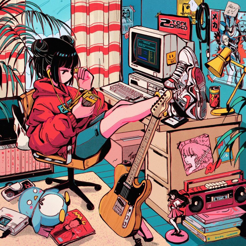 1girl album_cover bangs bedroom black_eyes black_hair blue_shorts blunt_bangs book_stack bookshelf boombox box cable can cardboard_box chair computer controller cover crisalys crossed_ankles curtains desk desk_lamp double_bun earphones earphones electric_guitar feet_on_table figure floppy_disk fox_mask from_side game_console game_controller guitar highres hood hood_down hoodie indoors instrument keyboard_(computer) lamp legs_together legs_up long_sleeves looking_away magazine mask mask_removed monitor nike office_chair original pc-98 pc_engine plant poster_(object) red_hoodie rug screentones shoes shorts single_earphone_removed sitting sneakers soda_can sticky_note stuffed_animal stuffed_bird stuffed_penguin stuffed_toy walkman window wooden_floor