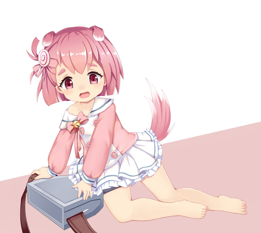 1girl absurdres all_fours animal_ears azur_lane barefoot bell commentary_request dog_ears dog_tail feet hair_ornament highres jingle_bell miniskirt off_shoulder open_mouth pink_eyes pink_hair pink_shirt school_uniform shirt short_hair side_ponytail simple_background skirt solo tail the_hermit toes uzuki_(azur_lane) white_background white_skirt