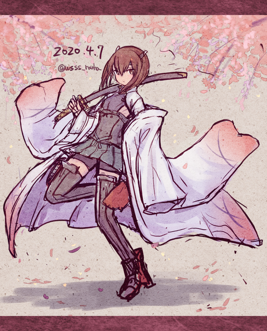 1girl bangs bike_shorts brown_eyes brown_hair cherry_blossoms closed_mouth dated full_body headband highres holding holding_sword holding_weapon kantai_collection petals pleated_skirt rudder_footwear shadow sheath sheathed short_hair shorts shorts_under_skirt skirt solo sword taihou_(kantai_collection) twitter_username weapon wide_sleeves wss_(nicoseiga19993411)