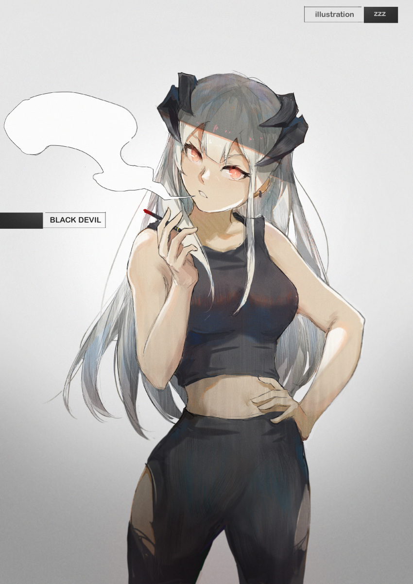 1girl absurdres arknights artist_name bangs bare_arms bare_shoulders black_pants black_tank_top breasts cigarette commentary_request cowboy_shot crop_top earrings gradient gradient_background grey_background hand_up head_tilt highres holding holding_cigarette horns jewelry leggings long_hair looking_at_viewer medium_breasts midriff pants parted_lips pink_eyes saria_(arknights) silver_hair smoking solo standing tank_top very_long_hair zzz_(orchid-dale)