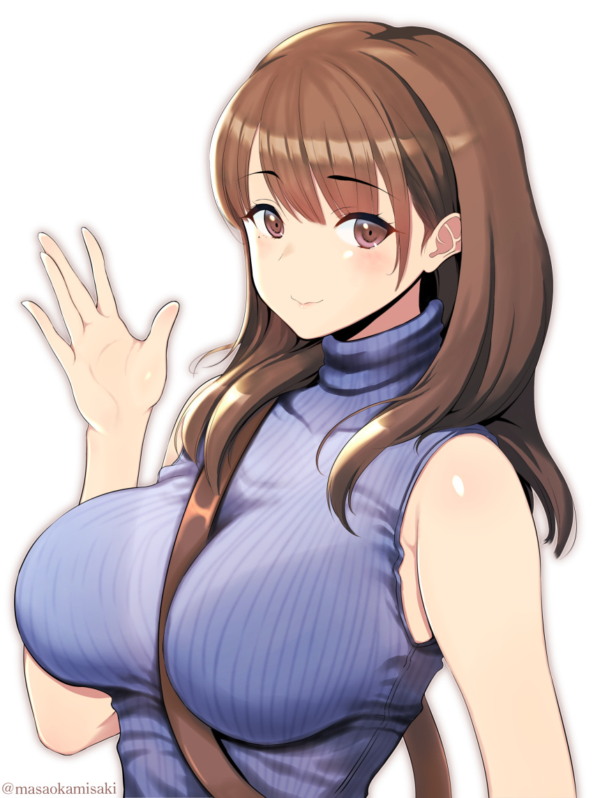 1girl absurdres anegasaki_nene bag bangs between_breasts blue_sweater blush breasts brown_hair closed_mouth commentary_request eyebrows_visible_through_hair hand_up highres large_breasts long_hair looking_at_viewer love_plus masaoka_misaki mole mole_under_eye shoulder_bag sleeveless sleeveless_turtleneck smile solo strap_between_breasts sweater turtleneck turtleneck_sweater twitter_username upper_body violet_eyes waving