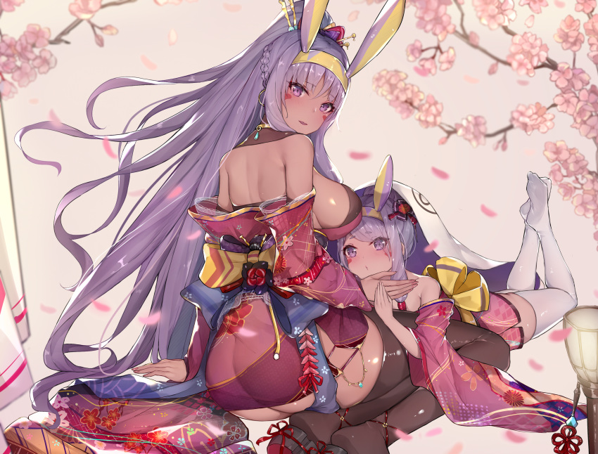 2girls absurdres animal_ears ass back bangs bare_shoulders black_legwear blush braid breasts cherry_blossoms dark_skin dual_persona earrings egyptian facepaint facial_mark fate/grand_order fate_(series) floral_print french_braid hair_tubes headband high_ponytail highres hoop_earrings jackal_ears japanese_clothes jewelry kimono large_breasts long_hair long_sleeves looking_at_viewer looking_back multiple_girls nitocris_(fate/grand_order) obi off_shoulder open_mouth purple_hair purple_kimono sash sherryqq sidelocks thigh-highs thighs violet_eyes white_legwear wide_sleeves younger