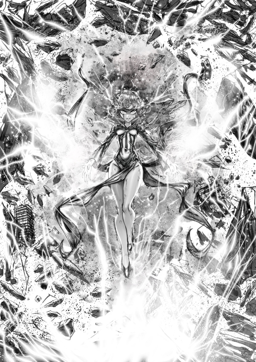 1girl blood blood_on_face breasts commentary covered_navel dress electricity english_commentary floating_rock full_body greyscale high_contrast high_heels highres impossible_clothes impossible_dress injury monochrome no_panties one-punch_man outstretched_arms pelvic_curtain short_hair slender_waist small_breasts solo tatsumaki taut_clothes taut_dress telekinesis the_golden_smurf toned