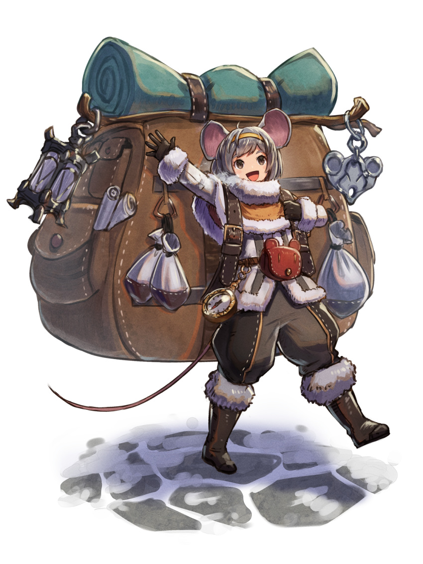 1girl animal_ears arm_up bag baggy_pants black_footwear black_gloves black_pants boots breath brown_eyes commentary_request compass fantasy full_body fur_trim gloves grey_hair hairband highres jacket kuroi_susumu lantern long_sleeves looking_at_viewer mouse_ears mouse_girl mouse_tail open_mouth original oversized_object pants pouch short_hair smile solo stone_floor tail walking waving white_background white_jacket winter_clothes yellow_hairband