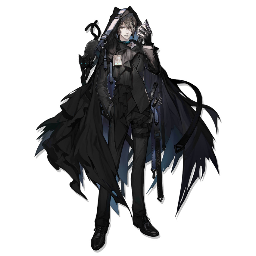 1boy arknights bangs black_cape black_cat black_footwear black_gloves black_jacket black_pants cape cat full_body gloves grey_eyes grey_hair hand_up highres holding holding_mask hood hooded_cape jacket long_sleeves looking_at_viewer male_focus mask nekomata official_art pants phantom_(arknights) shoes skade standing transparent_background