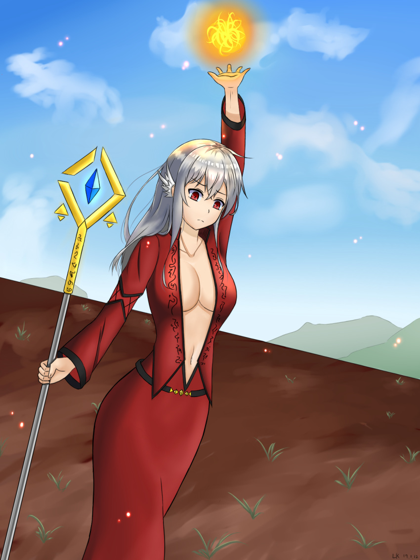 1girl breasts day highres large_breasts lkeris long_hair looking_down magician navel no_bra original red_eyes silver_hair solo very_long_hair wand