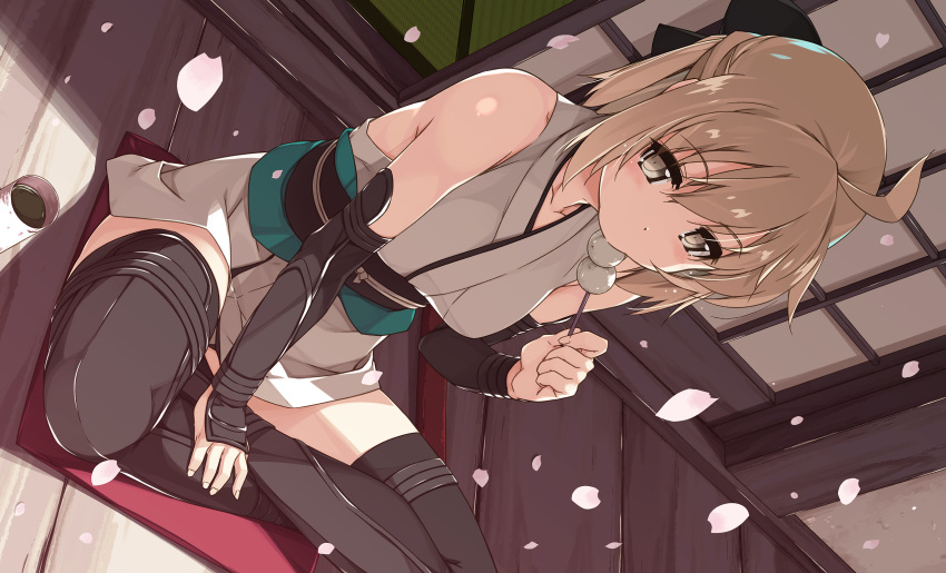 1girl ahoge arm_guards bangs black_bow black_footwear black_gloves boots bow brown_hair commentary dango day dutch_angle eating eyebrows_visible_through_hair fate/grand_order fate_(series) food gauntlets gloves hair_bow highres holding holding_food indian_style japanese_clothes kimono light_brown_eyes looking_at_viewer obi okita_souji_(fate)_(all) outdoors petals sash shikei short_hair short_kimono shouji sitting sleeveless sleeveless_kimono sliding_doors solo thigh-highs thigh_boots wagashi white_kimono wooden_floor