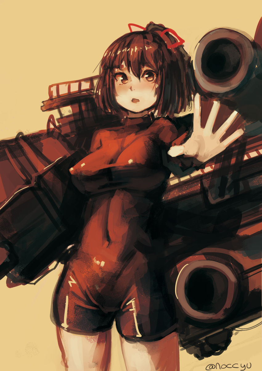 1girl bodysuit breasts brown_eyes brown_hair brown_theme cannon commentary covered_navel covered_nipples cowboy_shot english_commentary hair_ribbon highres ise_(kantai_collection) kantai_collection large_breasts long_hair looking_at_viewer machinery monochrome noccu open_mouth ponytail red_ribbon ribbon rigging skin_tight solo spot_color standing